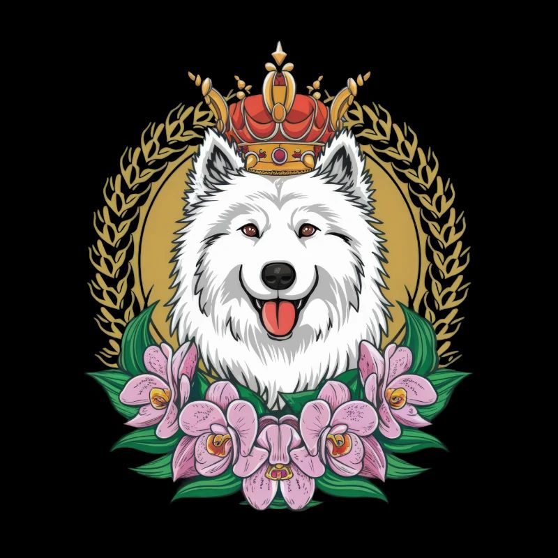 Cartoon Samojede Spitz mit Orchideen und Krone