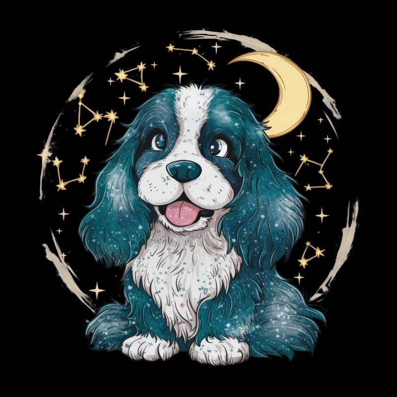 Cute Cocker Spaniel with Moon and Stars