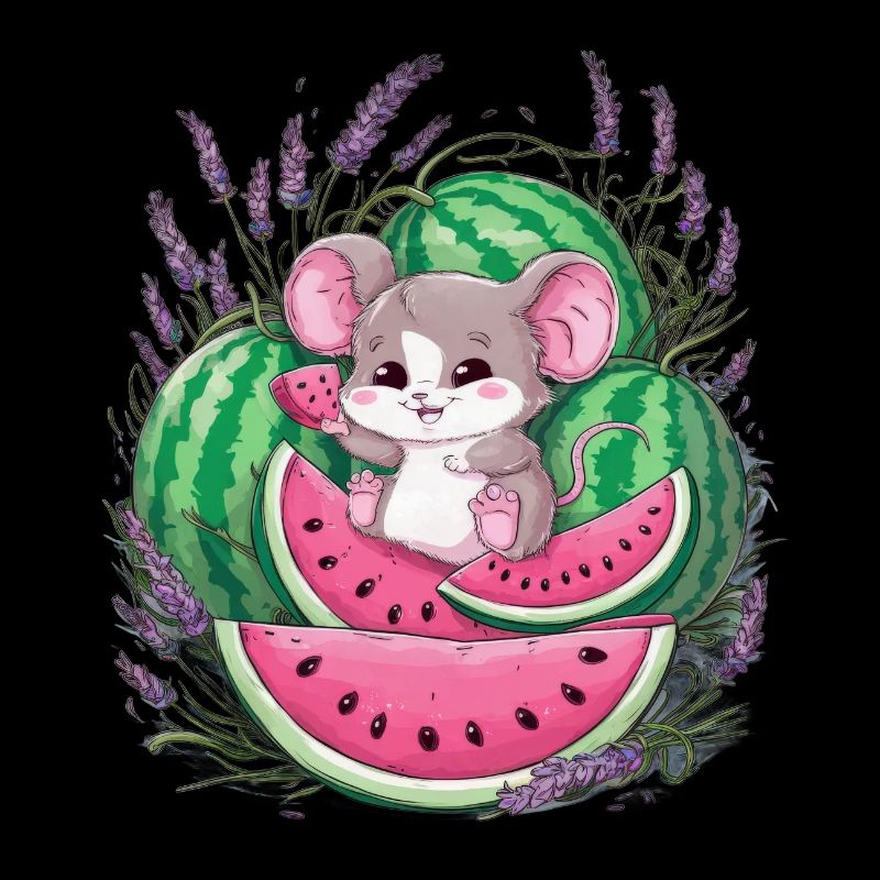 Cute Kawaii Mouse with Melon and Lavender