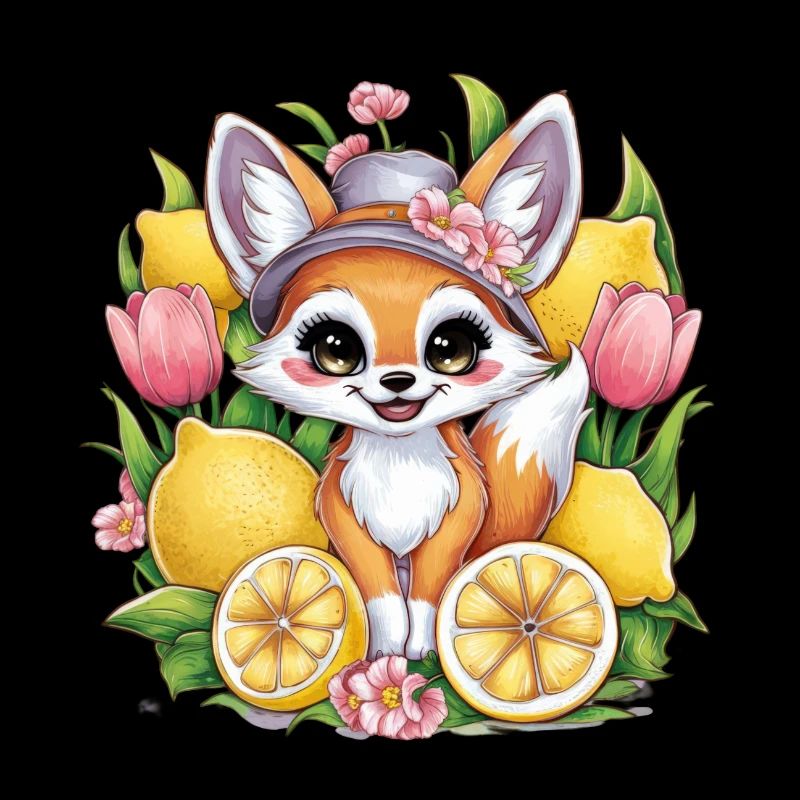 Fennec desert fox with tulips and lemons.
