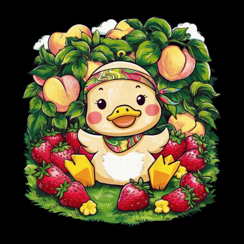 Cartoon Kawaii Entchen mit Pfirsichen, Erdbeeren