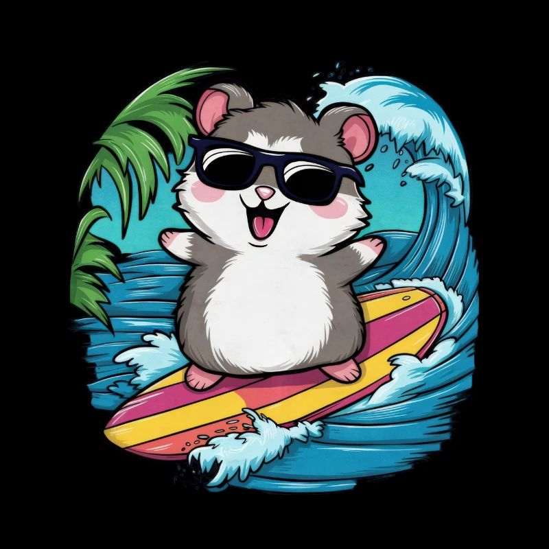 Hamster dans le style dessin animé avec planche de surf et plage