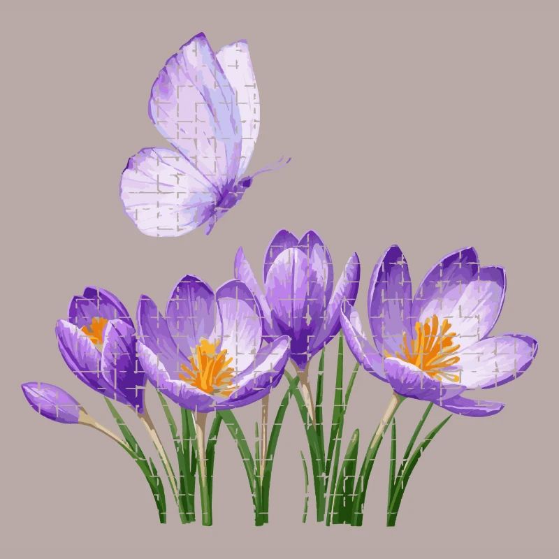 Crocus violets et papillon : conception en treillis