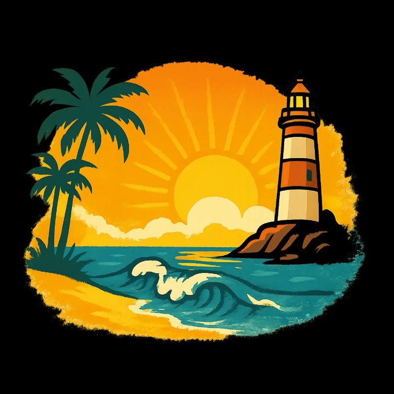 Coucher de soleil avec phare sur une plage tropicale