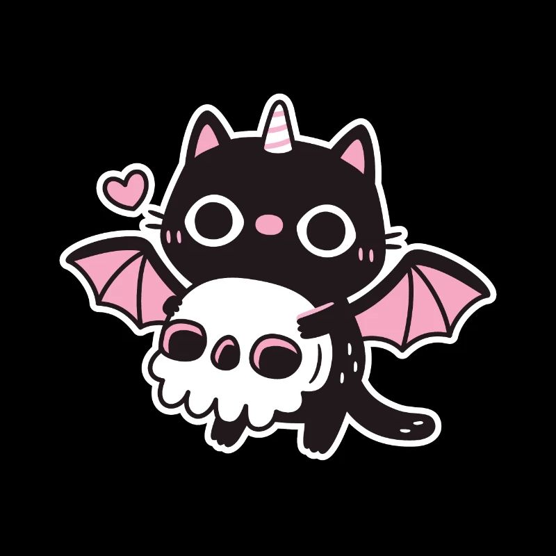 Süßer Dämon Schwarzer Katze Holding Totenkopf