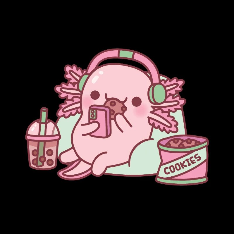 Axolotl mignon se refroidissant avec des biscuits et du thé à bulles