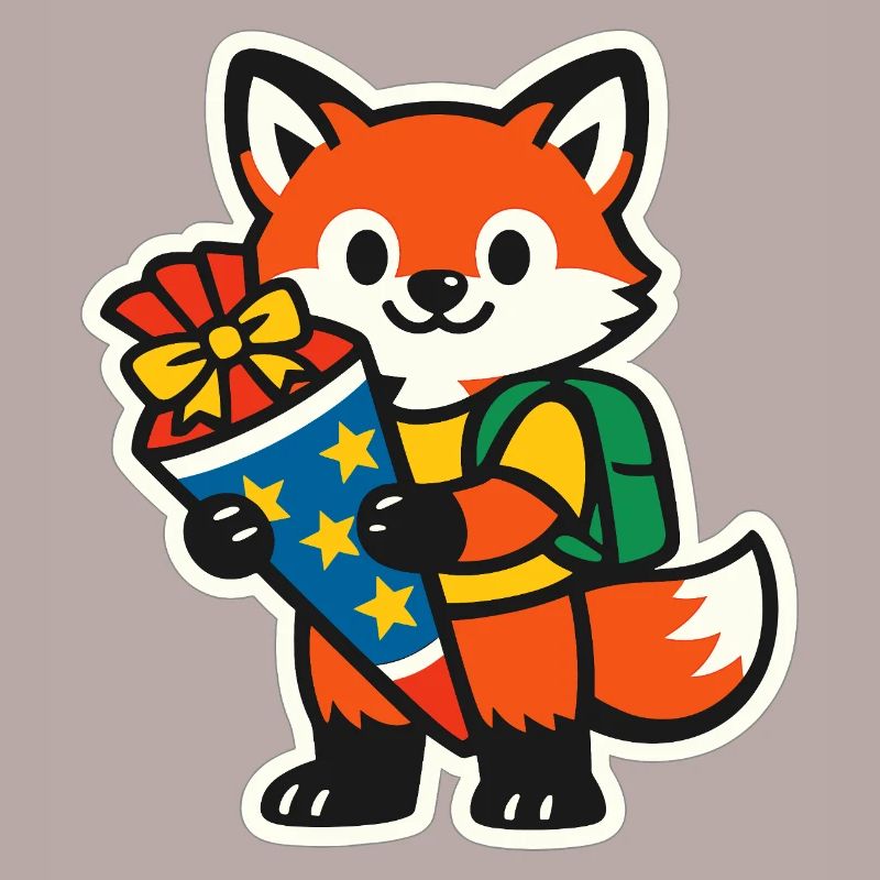 Fuchs mit Geschenk und Rucksack Einschulung