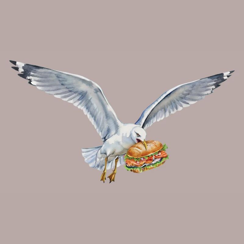 Funny Seagull Steals Fish Rolls Beach