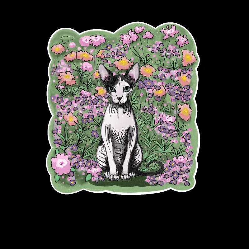 Illustration d’un chat sphynx parmi les fleurs