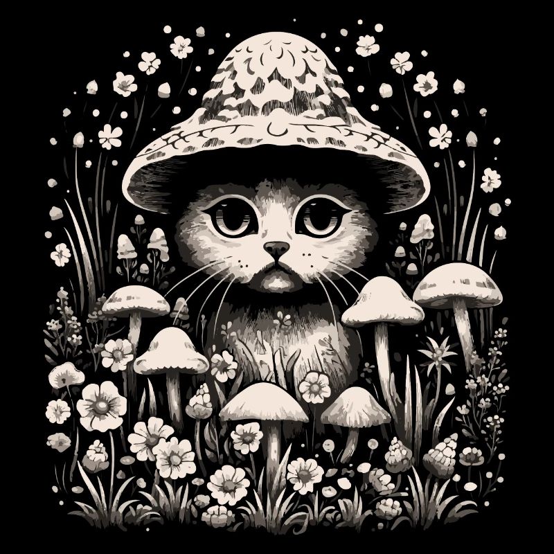 Chat, cottagecore, champignons
