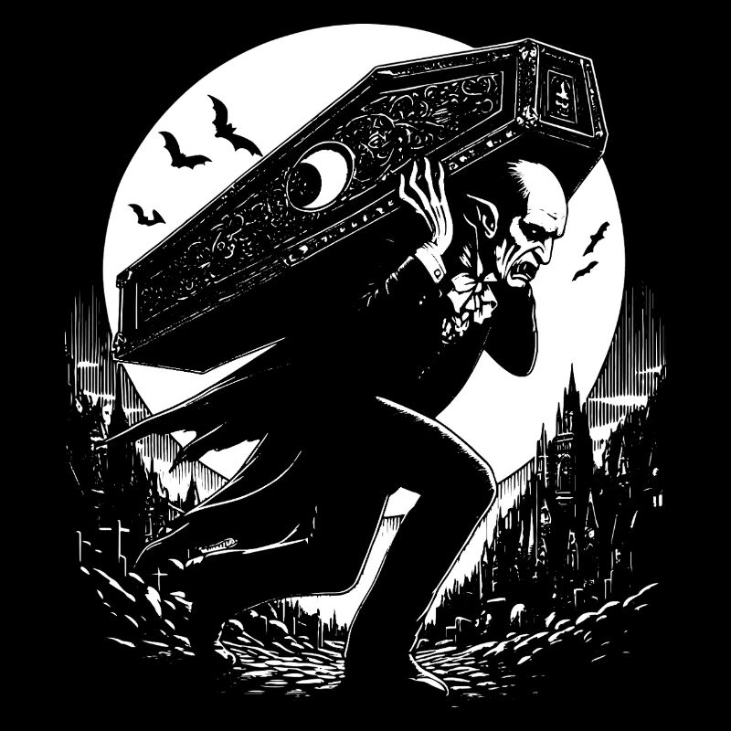 Vampire carrying his coffin. Black and white scary