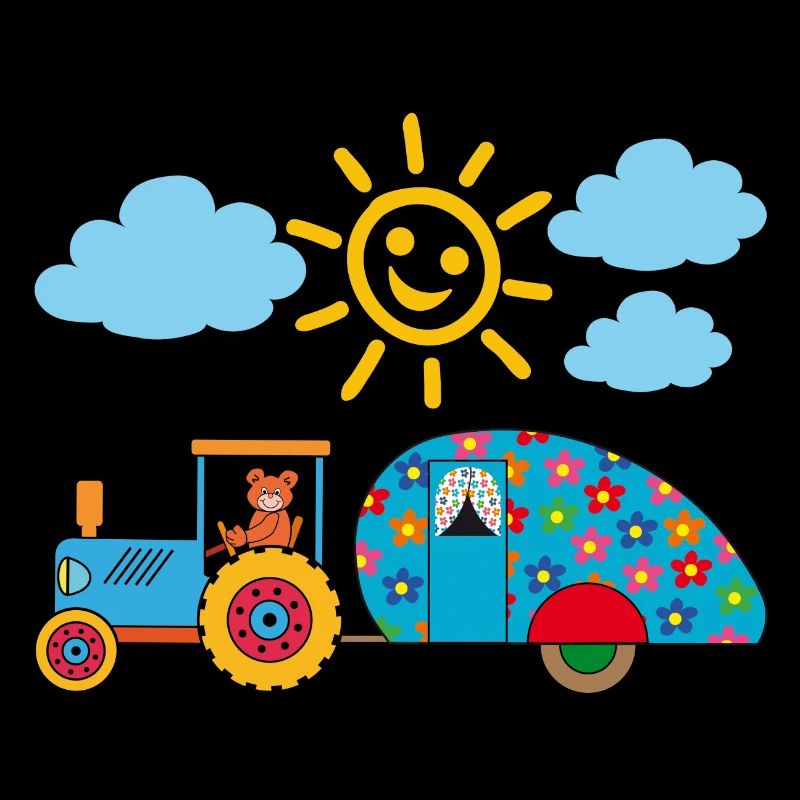 Teddy pulls colorful camper van with tractor