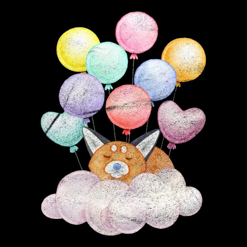 Dreaming fox on cloud with balloons