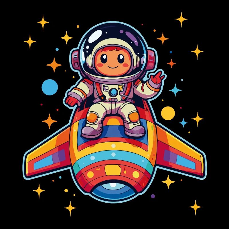 Petit astronaute dans un vaisseau spatial coloré dans l’espace
