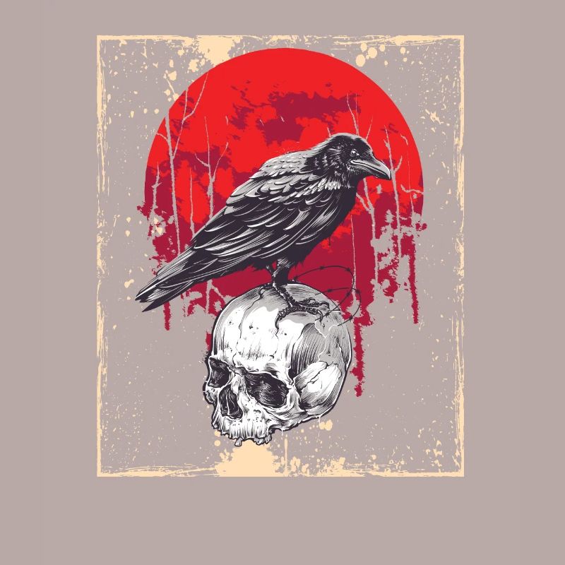 Gothic Skull-Red Moon-Black Crow