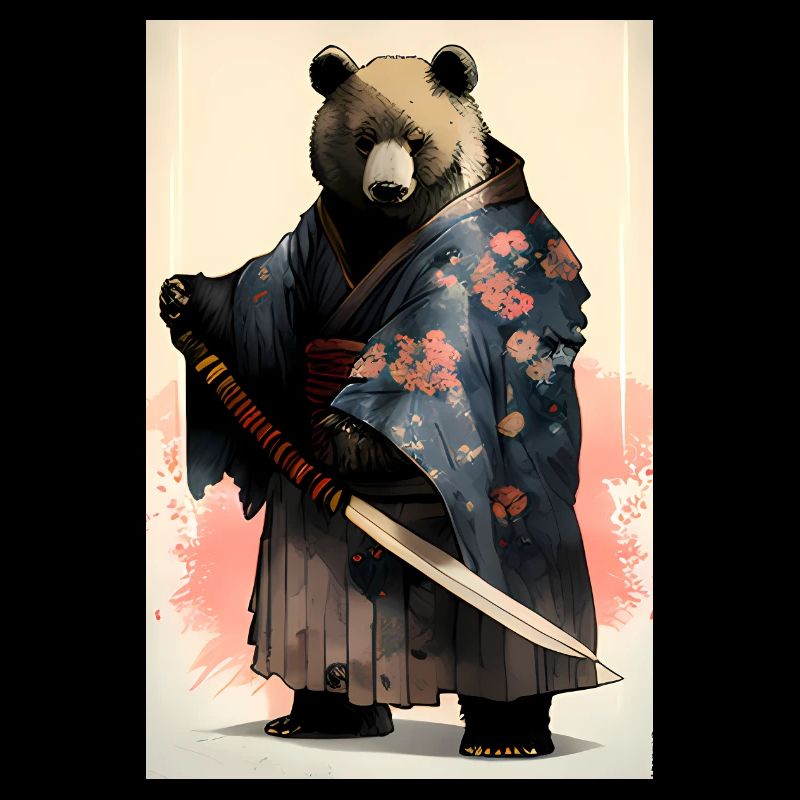 Ours en kimono avec épée de samouraï dans le style ukiyo