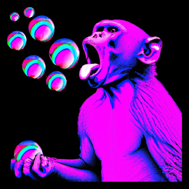 Monkey with soap bubbles in retrowave style