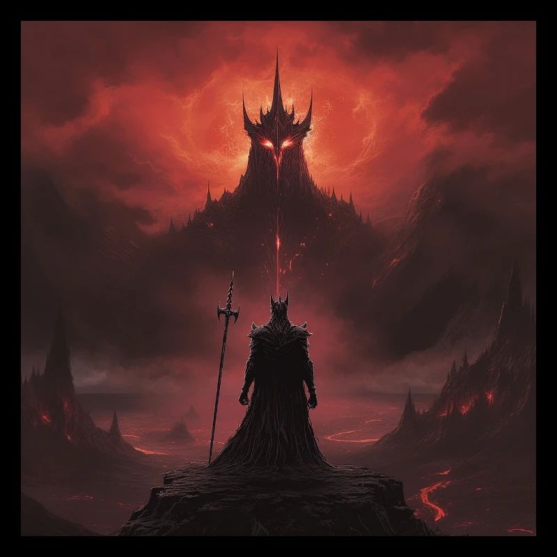 Dunkler Krieger vor einer Vulkanlandschaft