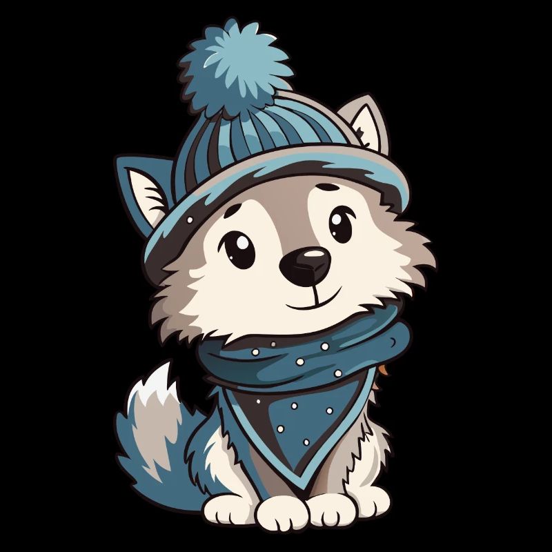 Loup mignon avec écharpe et chapeau à pompon.