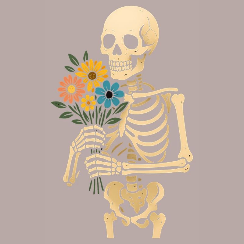 Squelette avec bouquet de fleurs
