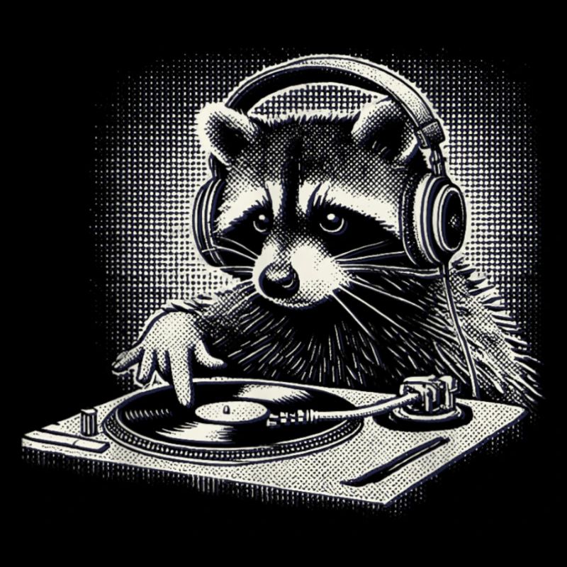 Waschbär DJ mit Köpfhörer am Plattenspieler, spass