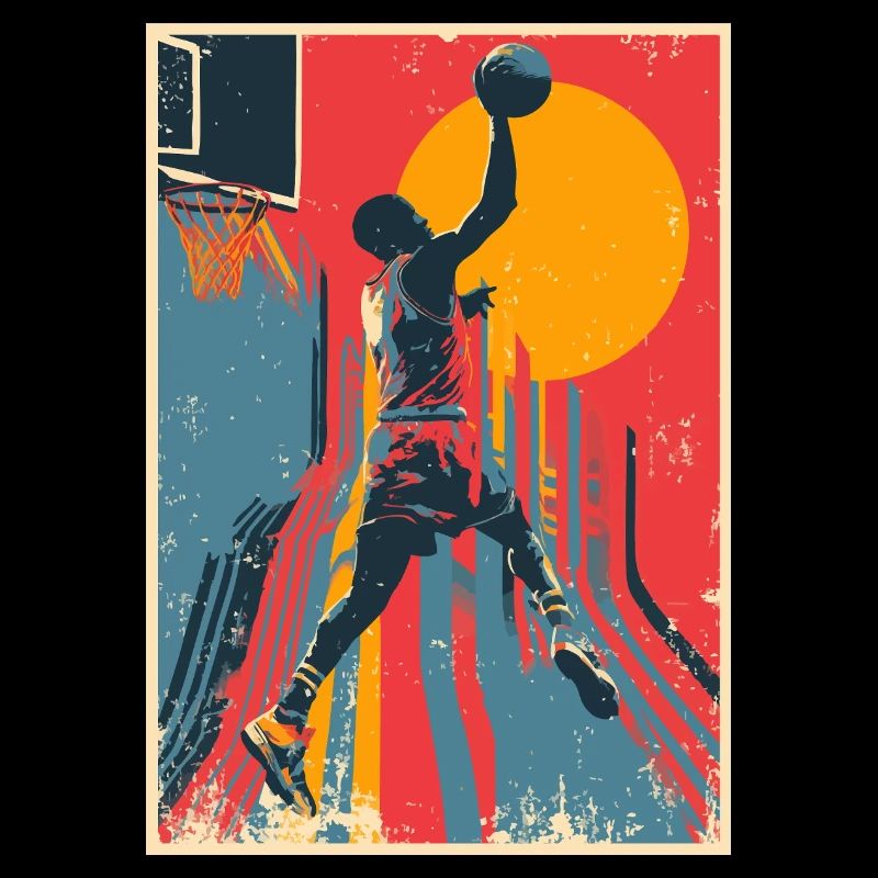 Dunk de basket-ball vintage devant le soleil jaune.
