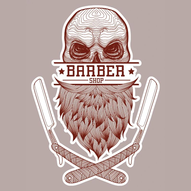 A skull with a beard, framed by razor blades.
