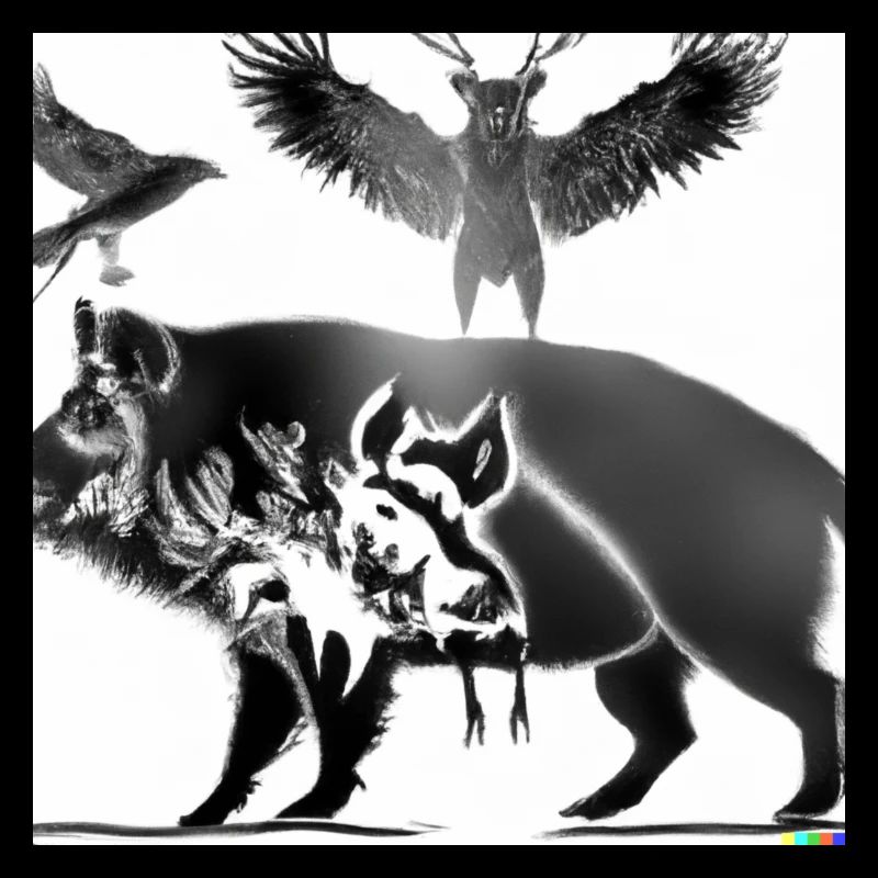 Wild boar with a deer and an eagle