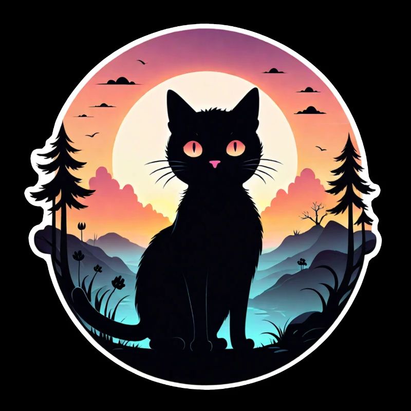 chat paysage et coucher de soleil