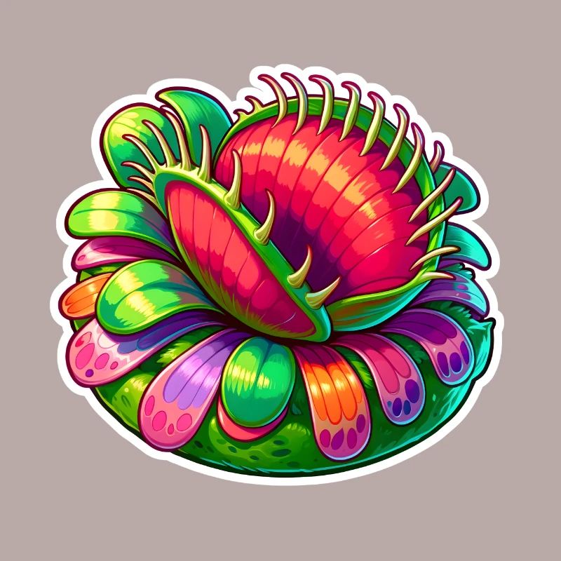Sticker with a Venus flytrap in neon color