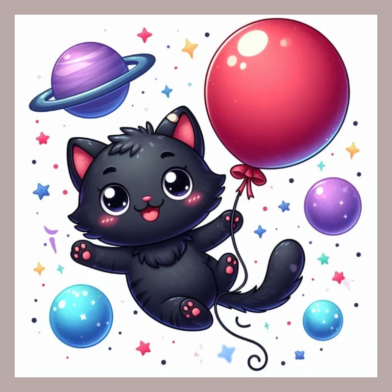 Space Kitty avec ballon rouge dans l’espace
