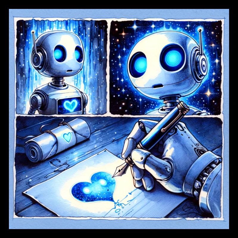Robot writing love letter with blue heart comics