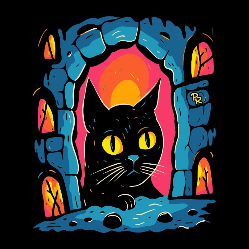 Une œuvre d’art : Dessin animé d’un chat dans un donjon