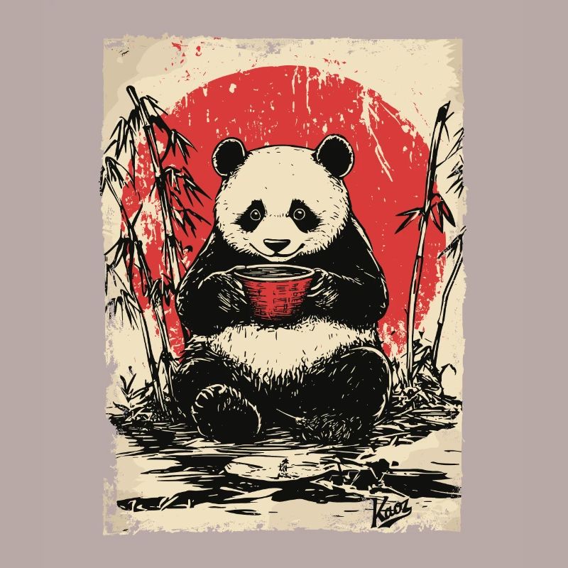 Panda avec soupe dans une forêt de bambous