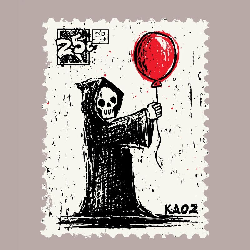 Timbre-poste design Grim Reaper avec ballon rouge