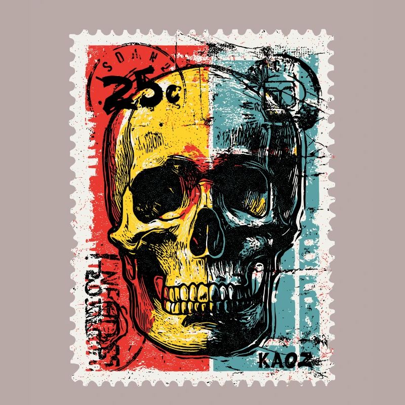 Crâne sur timbre-poste rétro coloré