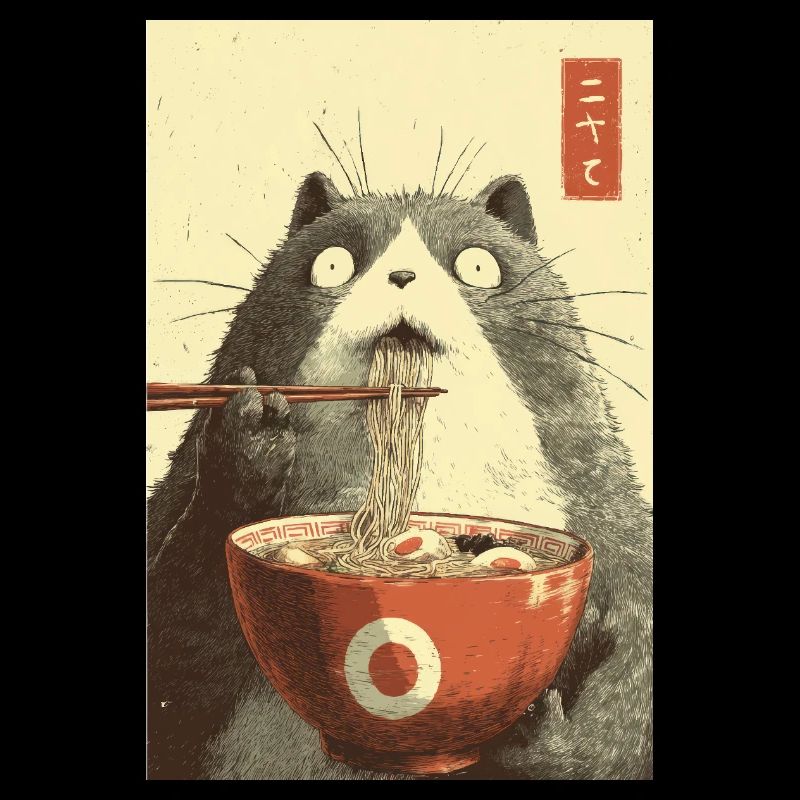 Schockierte Katze isst Ramen