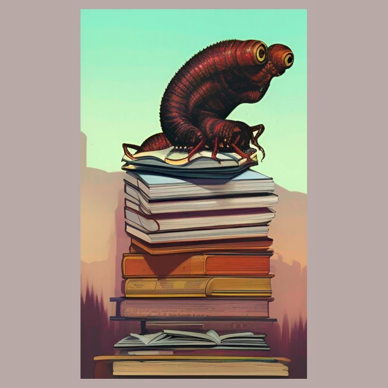 Comic Cartoon Creepy Bookworm Book Stack