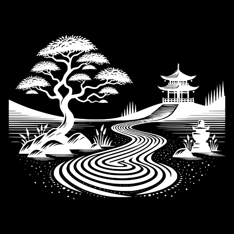 Geometrische Landschaft mit traditionellem Tempel