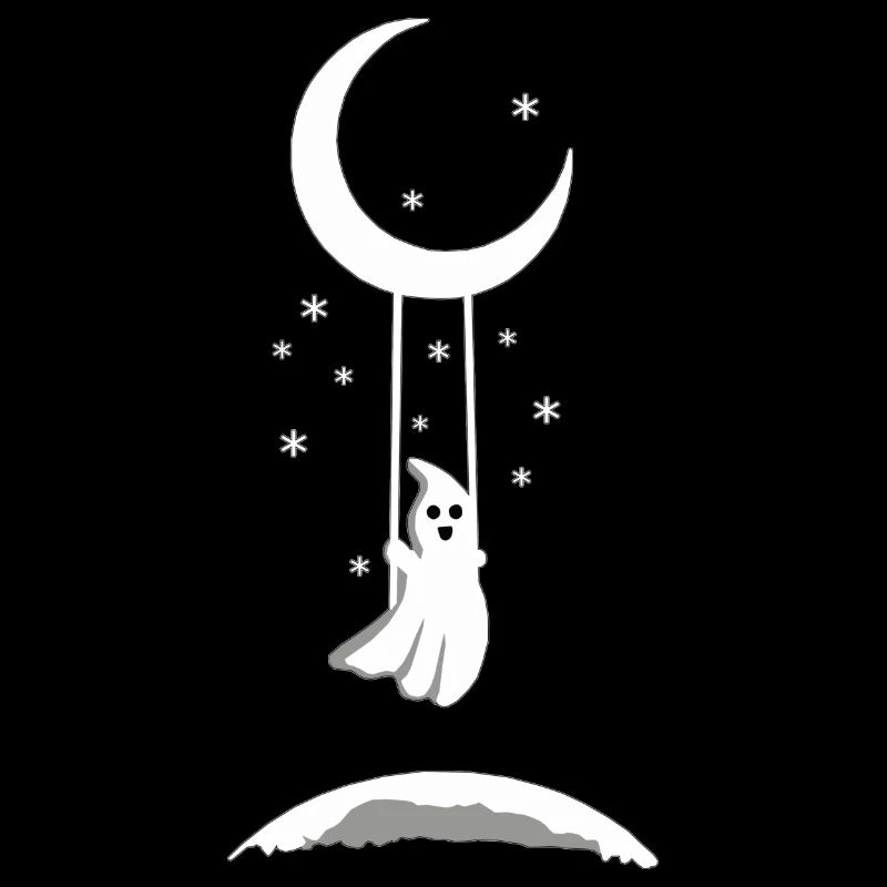 Cute ghost on moon swing in starry night
