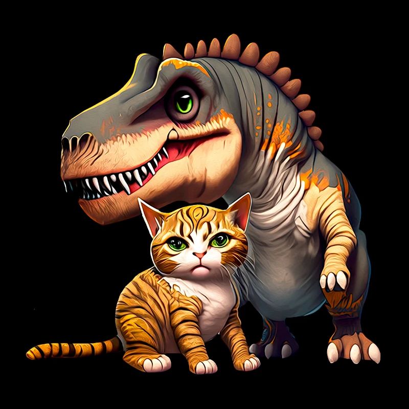 Katze schmust mit T-Rex