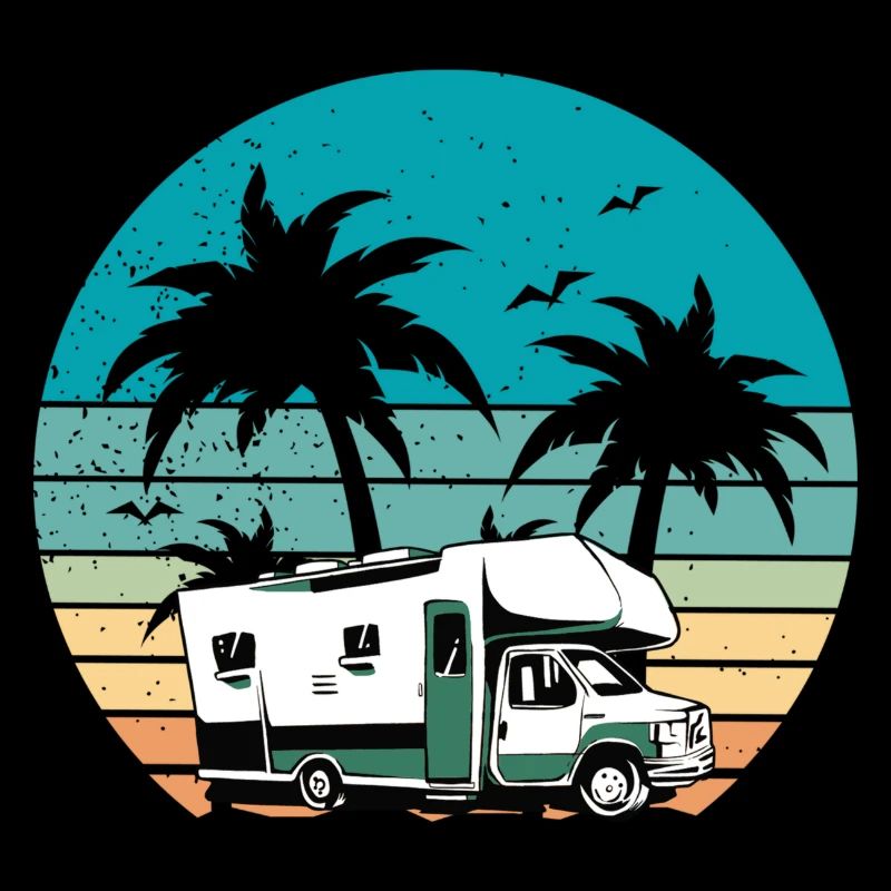 Camping - Camping-car devant les palmiers au coucher du soleil