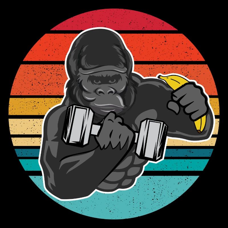 Gorilla mit Hantel und Banane - hartes Training