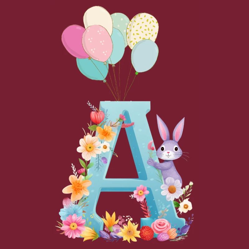 Letter A, Monogram, Flowers, Bunny
