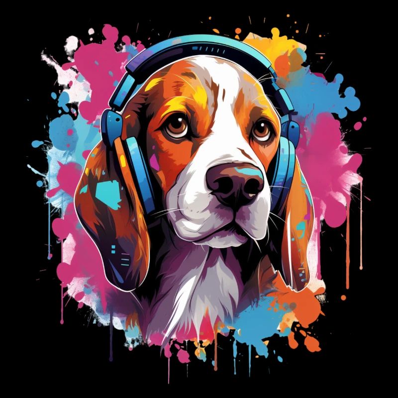 Bunter Beagle mit Kopfhörer Farbspritzer