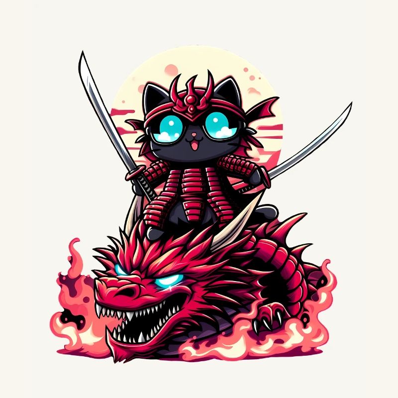 Chat samouraï avec épée sur dragon dans une bataille épique 3D