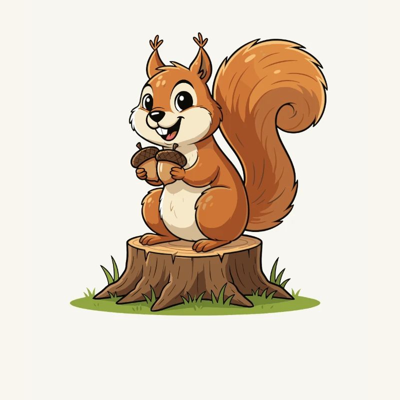 Eichhörnchen am Baumstumpf mit Eichel