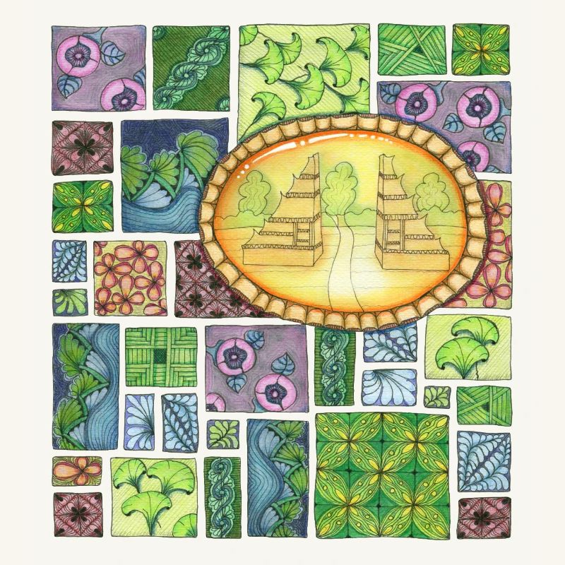 Bali temple on pattern patchwork