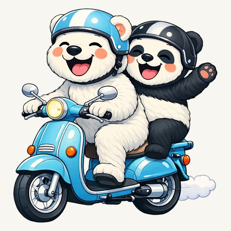 Polar Bear and Panda Bear on a Scooter