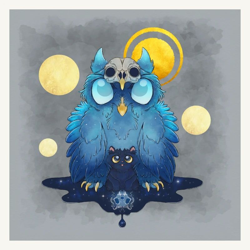 Blue Ink Spirits Poster - Eule und Schwarzes Kätzchen